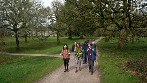 A group of people walking along a path with Arlington house visible through the trees in the background